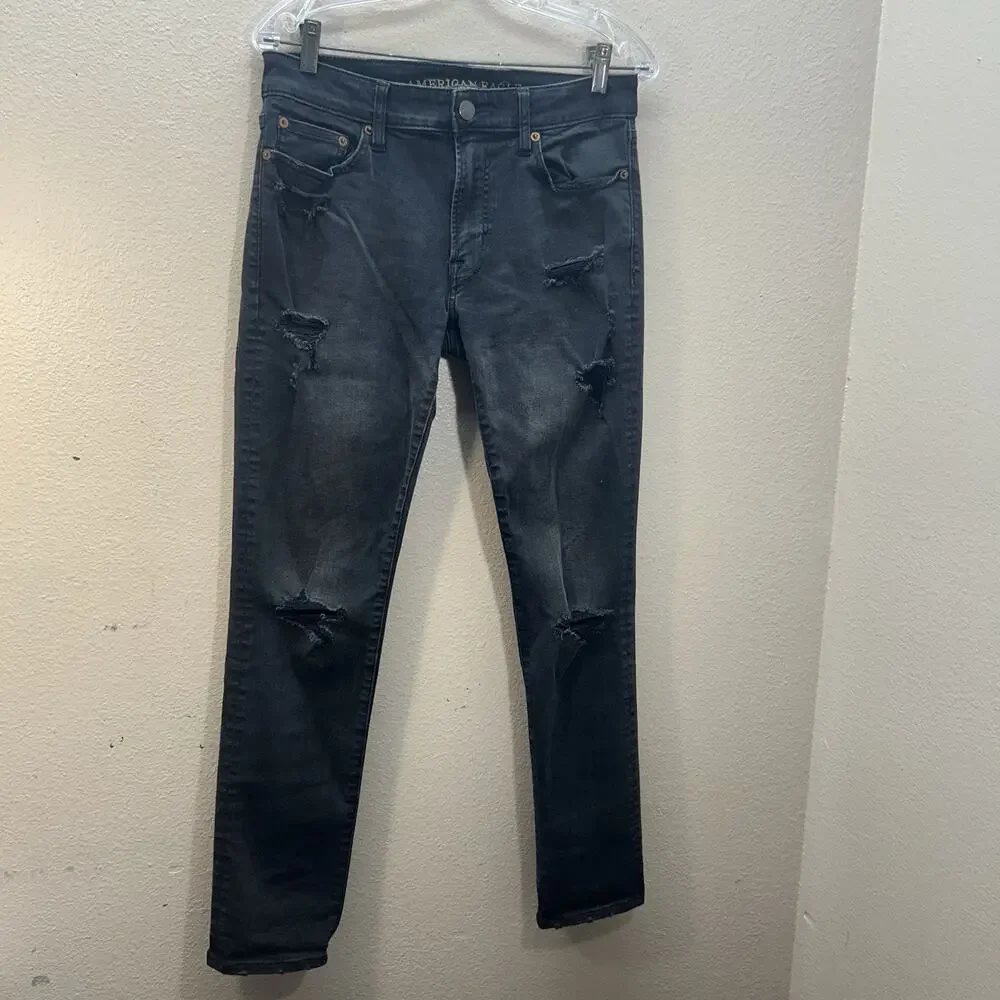 American Eagle Next Level Flex‎ Slim Black Distressed Ripped Jeans Mens Sz 30x30